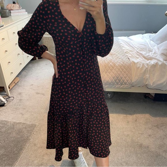 Topshop Black Floral Rose Print Button Down V Neck Midi Dress - Picture 9 of 9